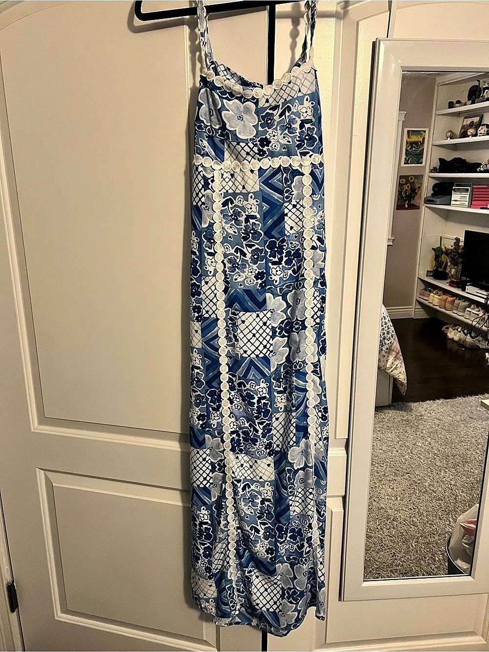 Altar’d State Floral Maxi Dress Blue & White Size Medium Open Back